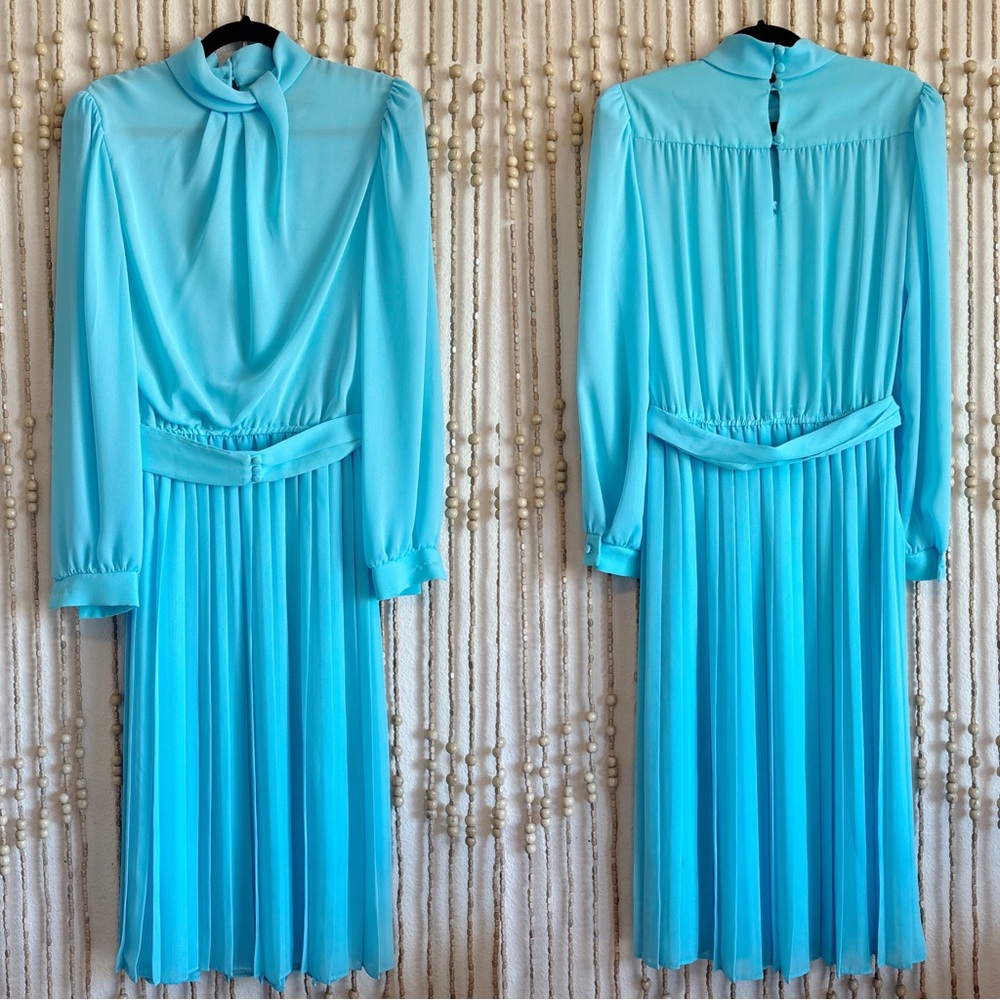 Vintage Pleated Blue Cowl Long Sleeve Feminine Librarian Teacher Midi Dress